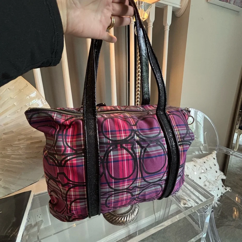 EUC Coach Poppy Pink and Black Shoulder Bag with Plaid Design - Picture 2 of 15